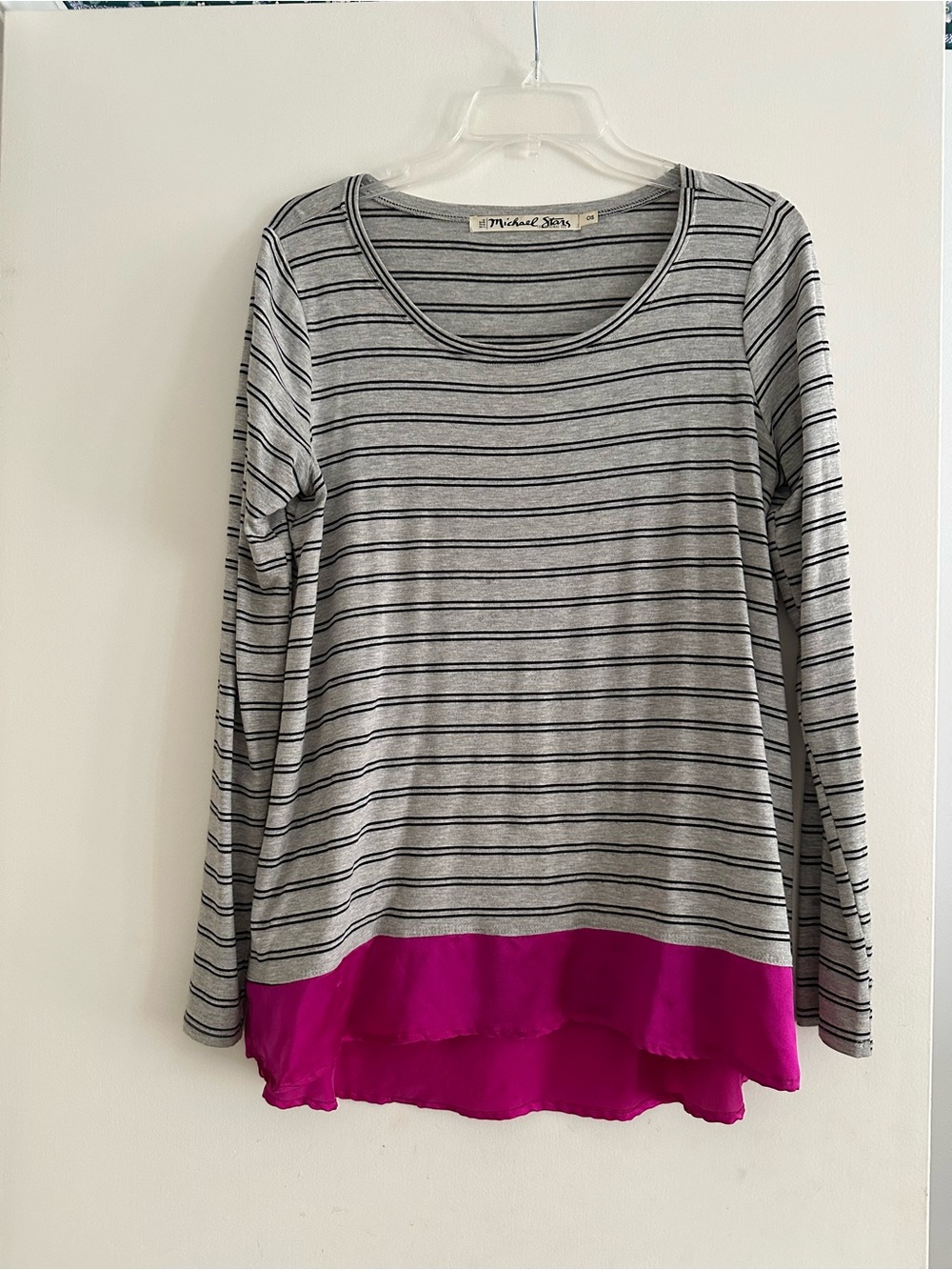 Michael Stars Gray Striped Long-Sleeve Tee with Pink Layered Hem